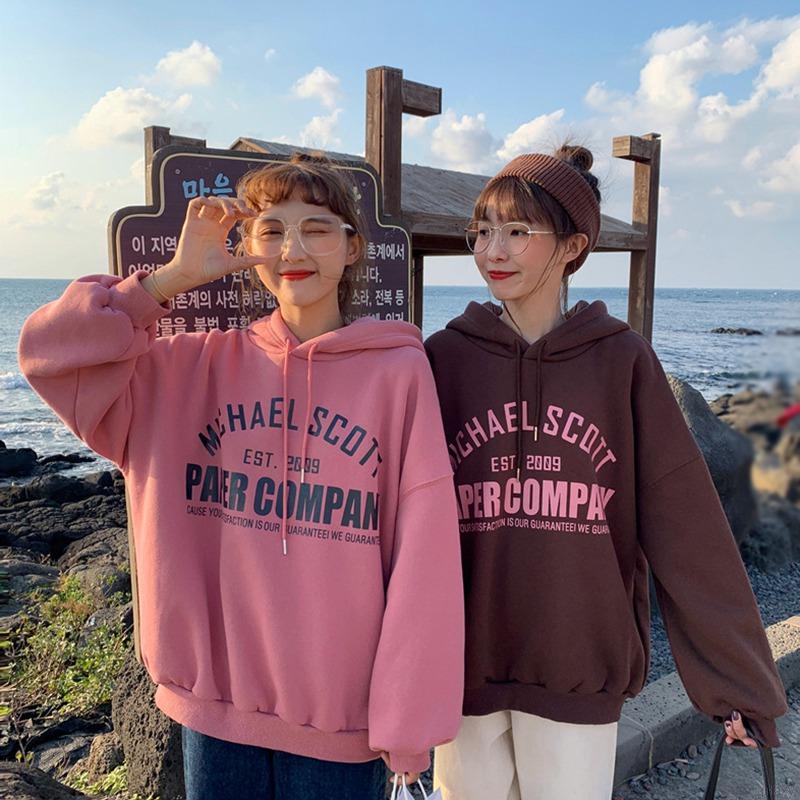 Áo hoodie tay dài dáng rộng in chữ kiểu Hàn Quốc dễ thương cho nữ