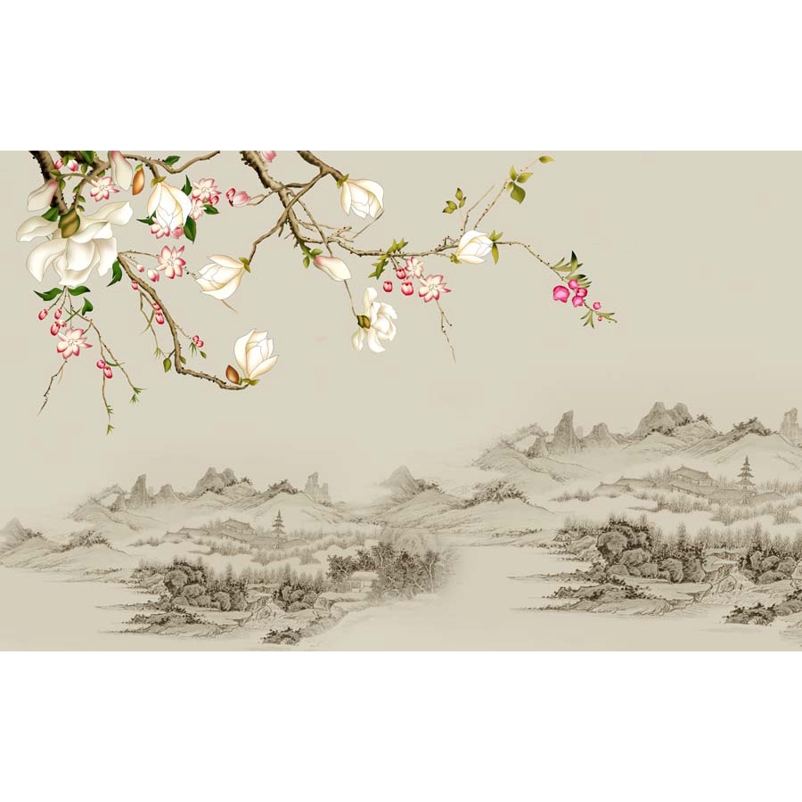 Tranh 3D dán tường phòng khách phong cách INDOCHINE Chèn Chữ Miễn Phí