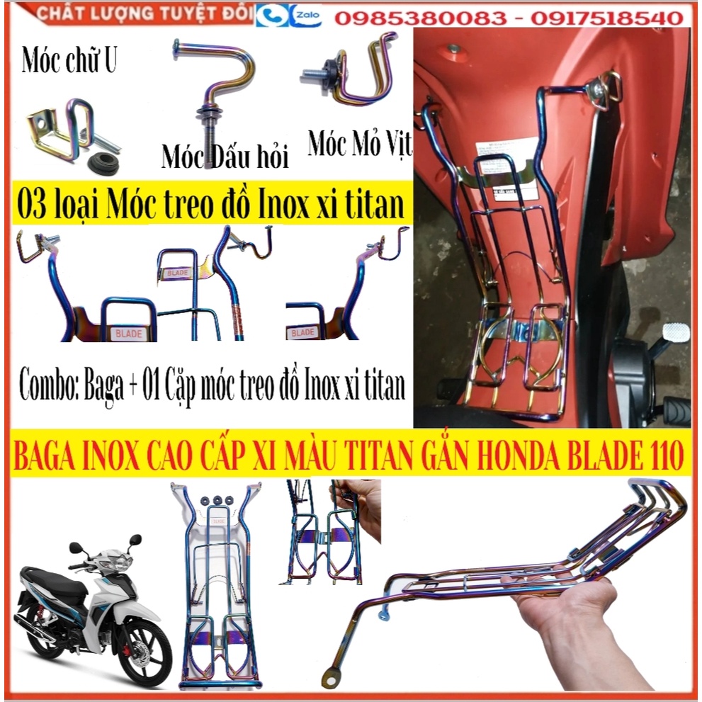 Baga Giữa Inox 10 Ly Cao Cấp Xi Màu TiTan Gắn Honda Blade 110 Kết Hợp Cặp Móc Treo Đồ Inox Xi Màu Titan (sp Tự Chụp)