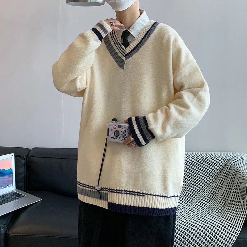 Áo len tay dài cổ chữ V thời trang thu đông phong cách Nhật Bản dành cho nam size M-2XL