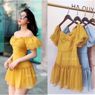Đầm Váy cổ vuông tay phồng màu vàng nổi bật cực xinh