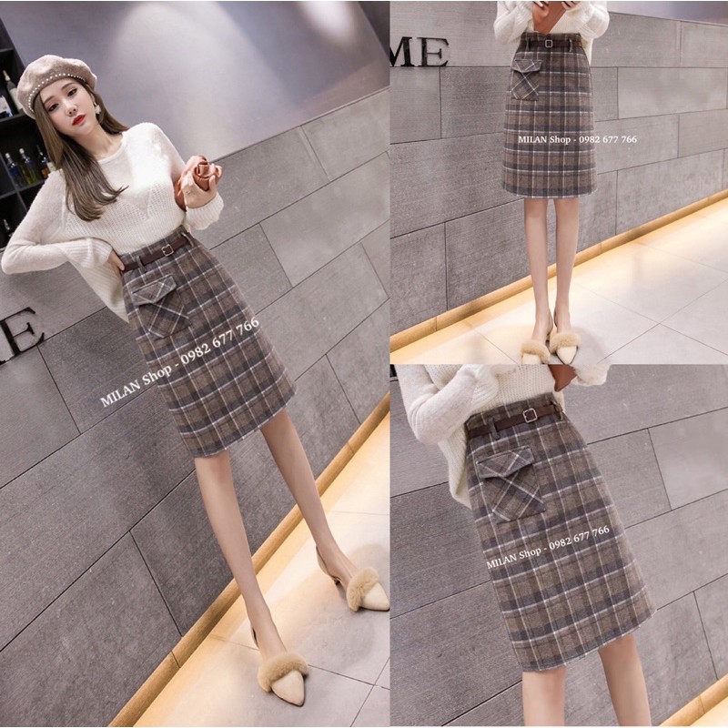 Chân váy dạ dài kẻ kèm đai túi hộp nhiều màu trẻ | BigBuy360 - bigbuy360.vn