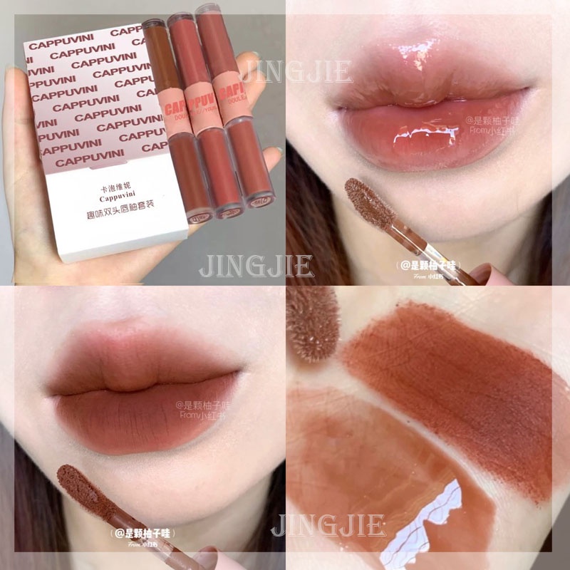 Set 1/3 son kem lì CAPPUVINI/Uslike tông nude 3D chống thấm nước 2 trong 1 thời trang