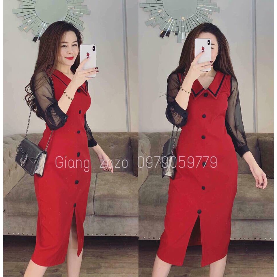 Đầm body phối tay voan đính nút sang trọng + Ảnh thật | BigBuy360 - bigbuy360.vn