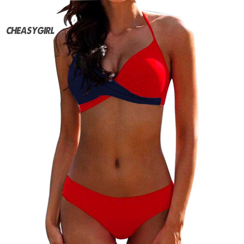 Bộ bikini 2 mảnh áo cổ treo phối màu + quần lót quyến rũ cho nữ | BigBuy360 - bigbuy360.vn