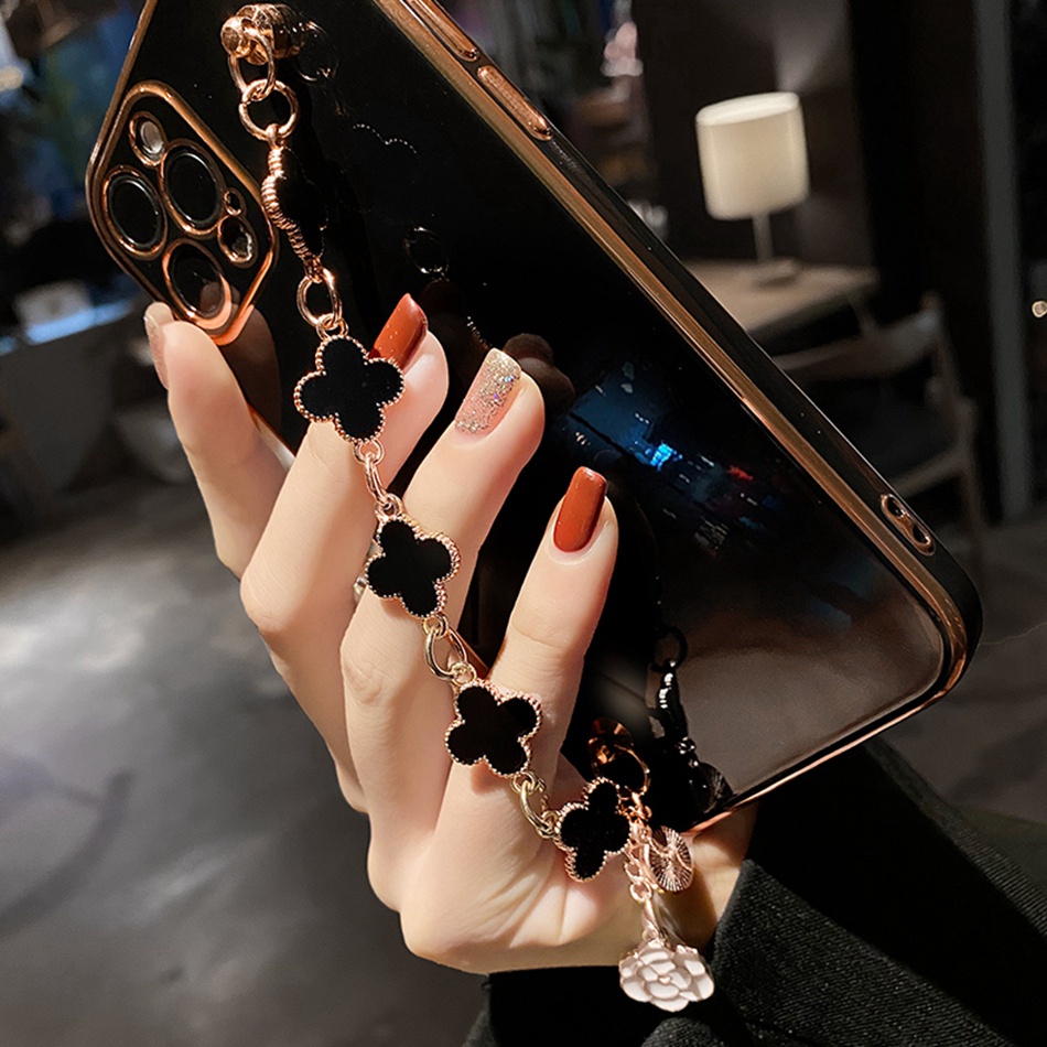 Ốp Điện Thoại Dẻo Họa Tiết Hoa Sang Trọng Kèm Giá Đỡ + Dây Đeo Tay Cho iPhone 11 12 13 Pro MAX 7 8 Plus X XR XS MAX