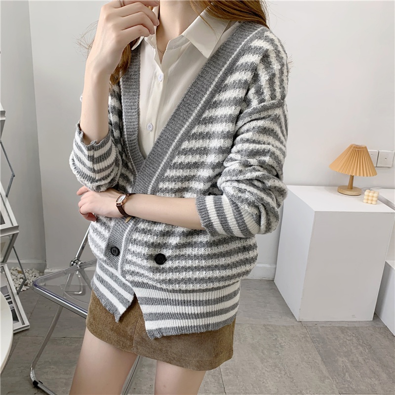 SUXI Áo Khoác Cardigan Dệt Kim Dáng Rộng Hoạ Tiết Kẻ Sọc Phong Cách Retro Hàn Quốc