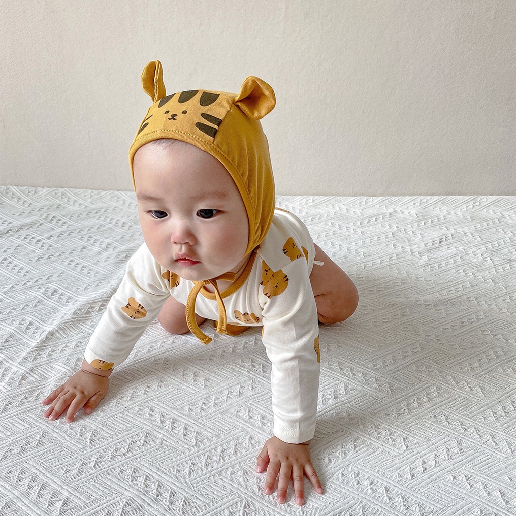 Bodysuit cho bé trai bé gái dài tay hình hổ nhỏ kèm mũ chất cotton 100% size 3-12kg TE22