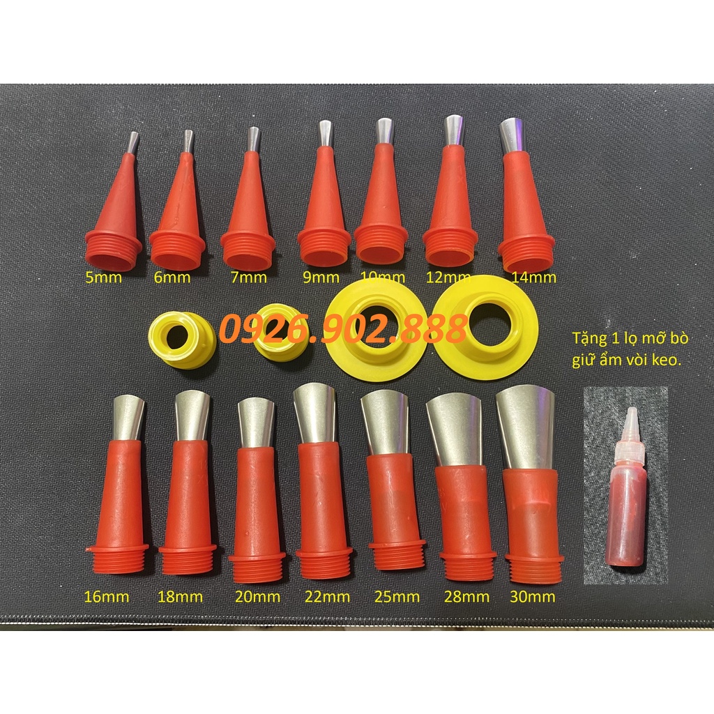Bộ đầu vòi đi keo inox 19 chi tiết, Bộ vòi đi keo inox chống mài mòn, Dùng cho bắn keo Silicone, keo túi.