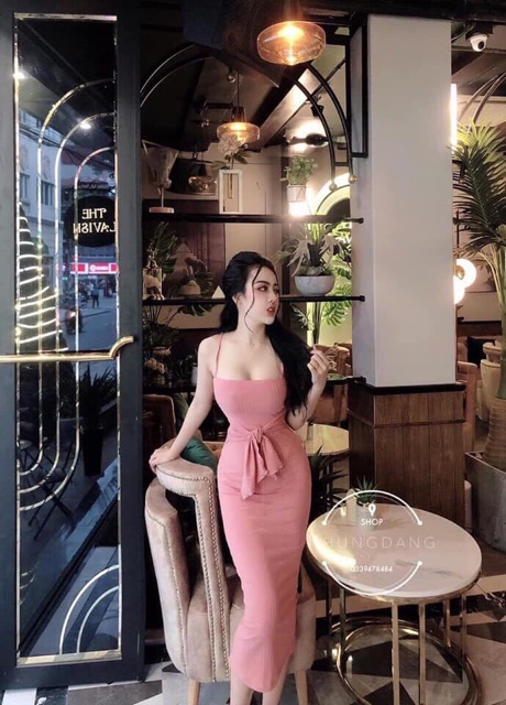 Đầm body 2 dây cột nơ ,fom dài 1m1 (chuẩn hình mẫu)