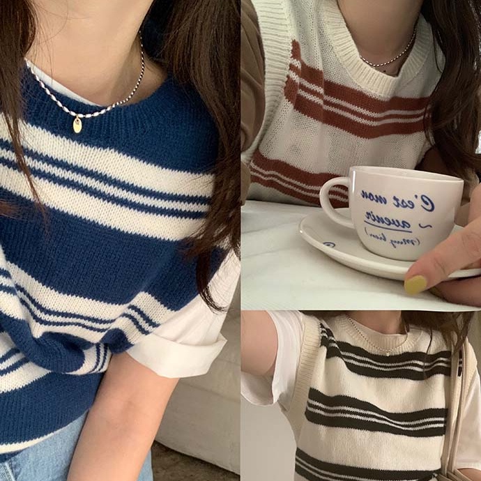 SUXI Áo Len Không Tay Cổ Chữ V Họa Tiết Kẻ Sọc Thời Trang Hàn Quốc Dễ Phối Đồ Cho Nữ