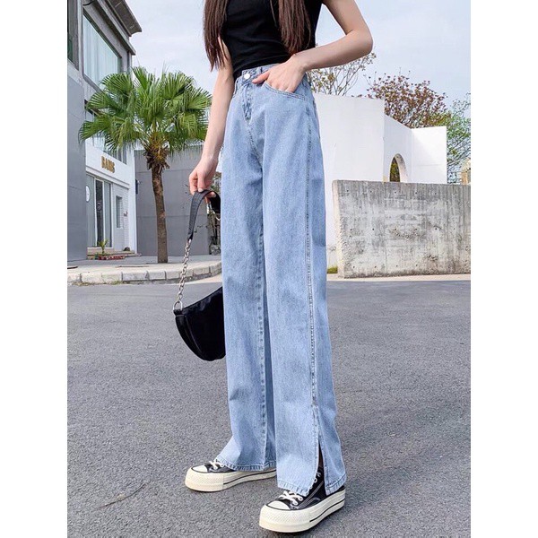 Quần jean bò ống rộng quần jean bò ống suông jeans nữ cạp cao hot 2021