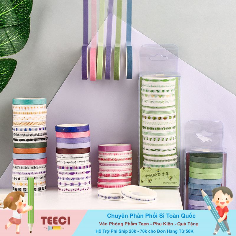 Hộp 20 Cuộn Băng Keo Washi Tape Mini 5mm DIY Trang Trí Bullet Journal, Nhật Ký, Sổ Lưu Niệm TEECI M002