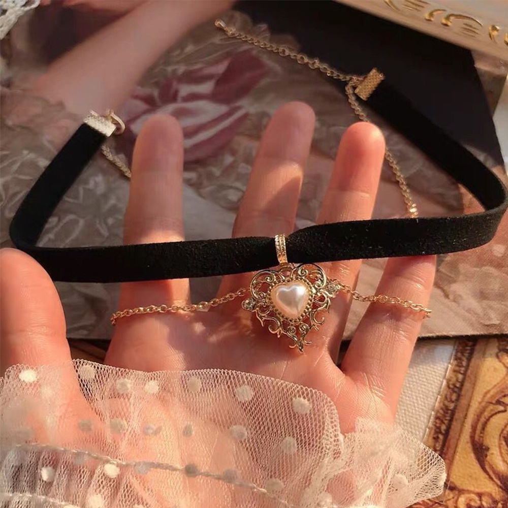 Vòng cổ choker mặt trái tim đính ngọc trai nhân tạo phong cách cổ điển dành cho nữ