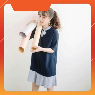 Nichan đầm xanh phối sọc tay thỏ