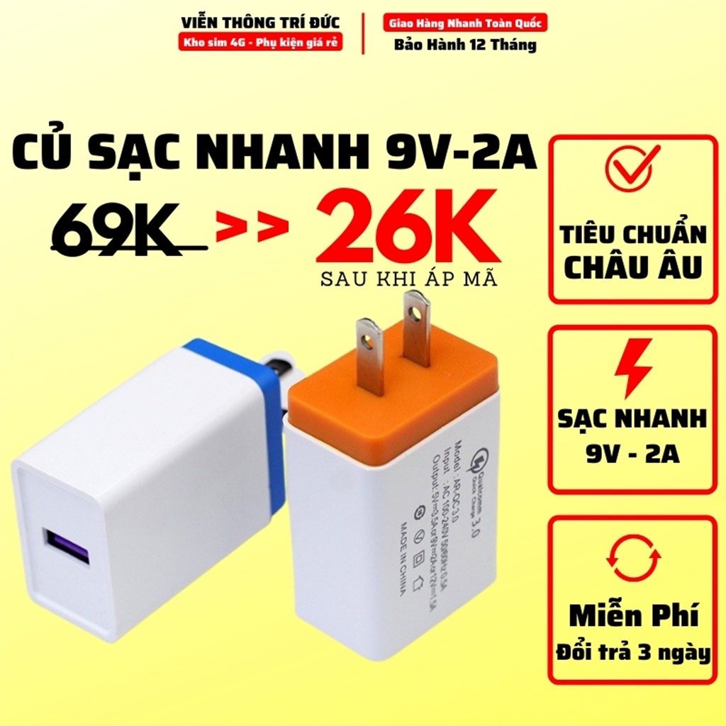 Bộ sạc nhanh Quick Charge QC 3.0 cho Samsung, iPhone, Bảo vệ ngắn mạch, Chất Liệu PC Chống Cháy Tiêu chuẩn châu âu