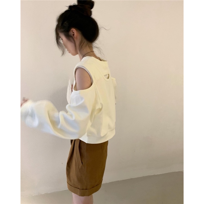 Áo sweater Cổ Tròn Dáng Rộng Hở Vai Màu Nâu Phong Cách Hàn Quốc Thời Trang Mùa Thu Mới 2022 Dành Cho Bạn Nữ