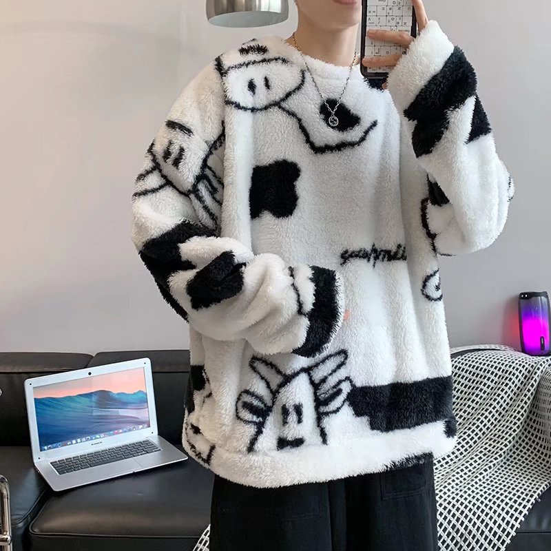 Áo sweater lông cừu tay dài dáng rộng phong cách Hàn Quốc thời trang thu đông Đường phố graffiti đa năng bình thường