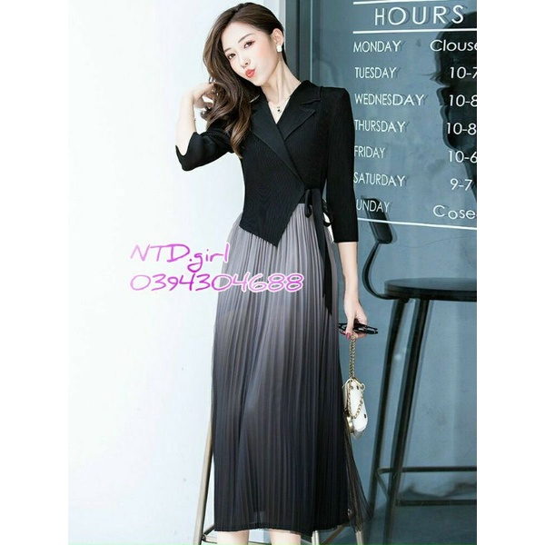 Hàng nhập - Đầm dáng xòe lụa dập li cổ vest, váy dự tiệc hoặc công sở cao cấp sang trọng