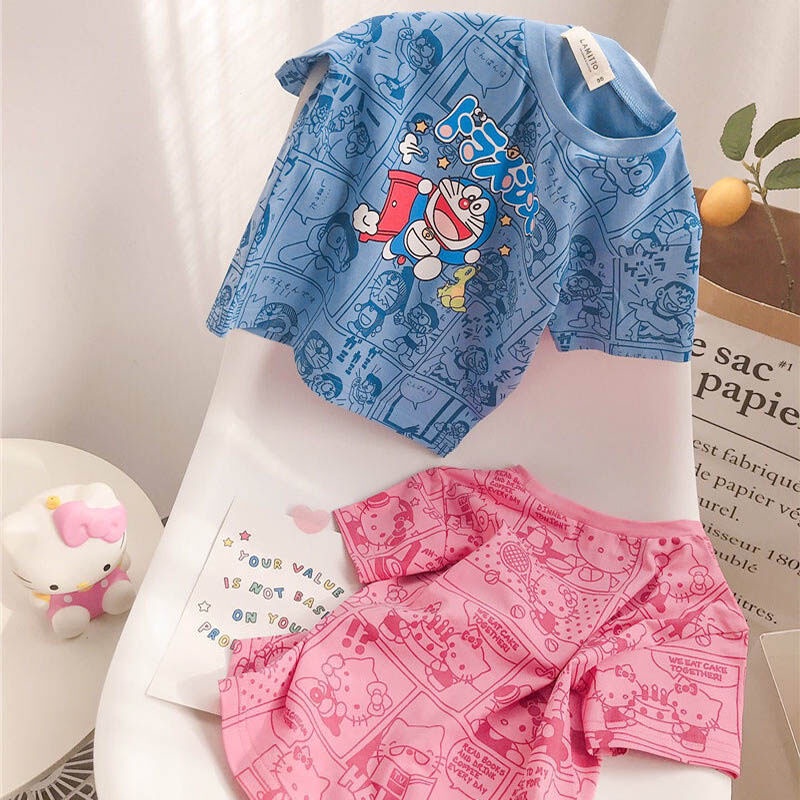 Áo Thun 100% Cotton In Hoạ Tiết Hoạt Hình Doraemon Thời Trang Mùa Hè Phong Cách Hàn Quốc Cho Bé 3-7 Tuổi