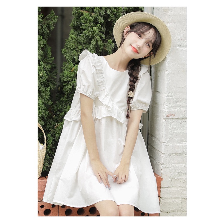 [Ảnh thật/Sẵn] Váy babydoll viền bèo vai chéo ngực dáng xòe tay bồng ulzzang