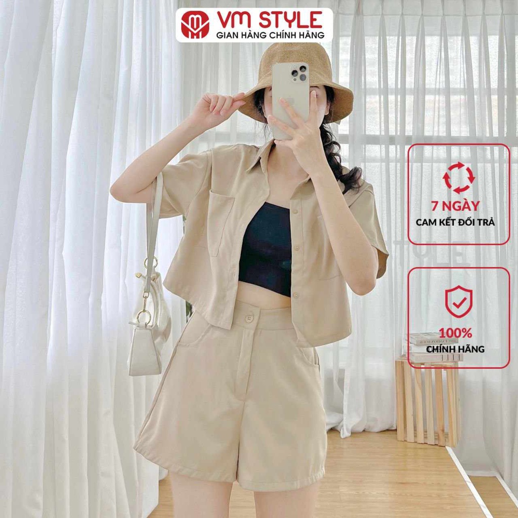 Set bộ nữ VMSTYLE áo sơ mi tay ngắn croptop 2 túi hộp kèm quần ngắn SBU00027