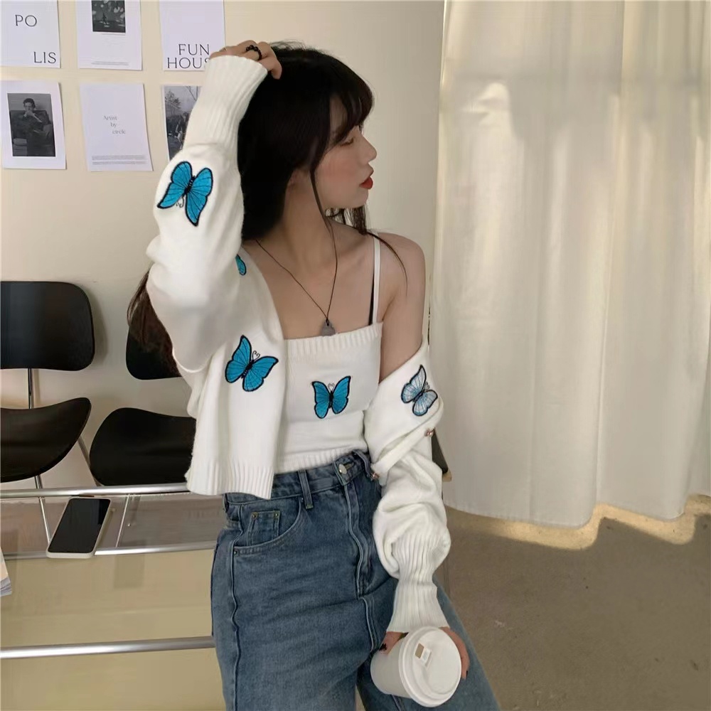 Áo cardigan ZHELIHANGFEI dệt kim thêu hình bướm lưng cao hợp thời trang