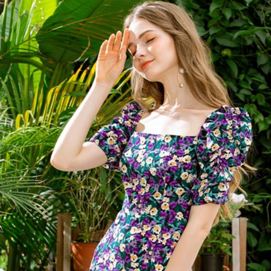 [Kèm Video SP] Váy Nữ Cao Cấp Hoa Nhí Cổ Vuông Tay Bồng Sẻ Đùi Kiểu Dáng Hiện Đại Thời Trang Sugal VAY NU 0026V3