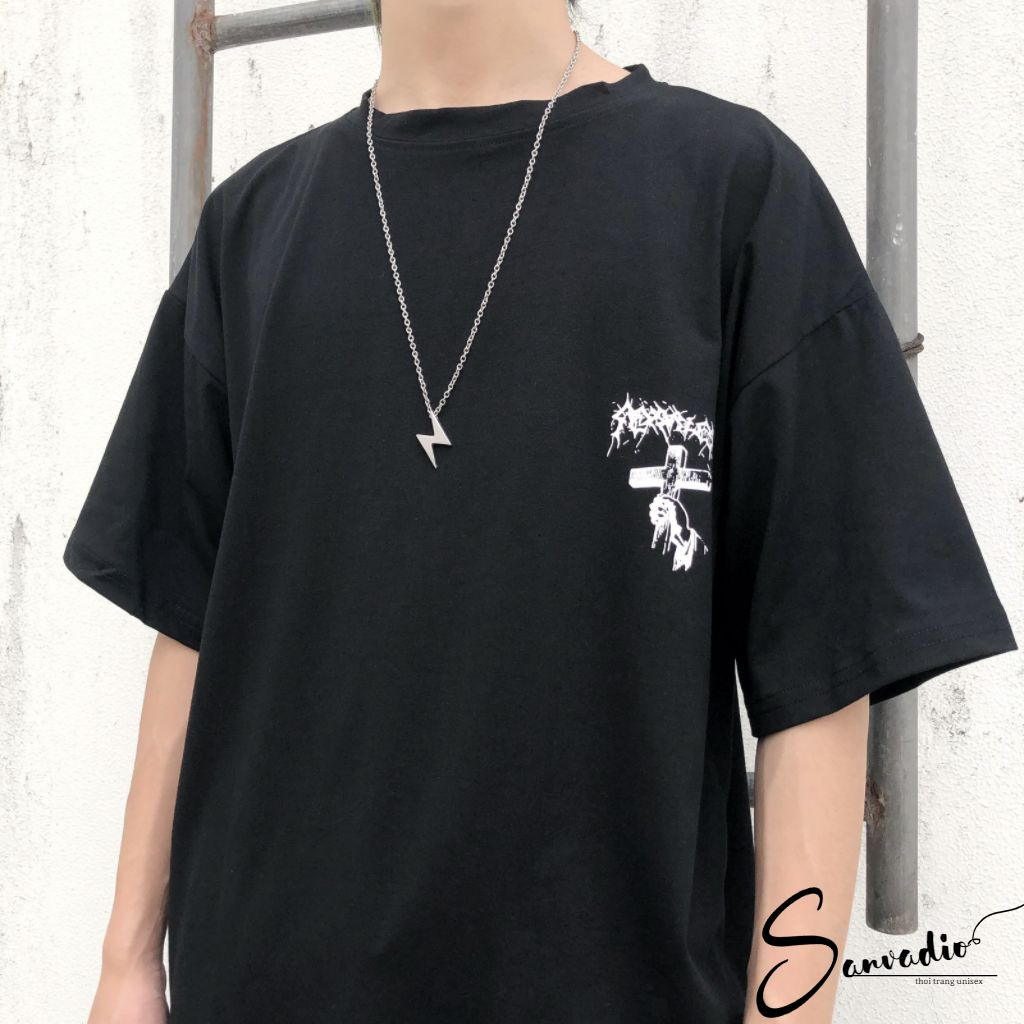 Áo thun SANVADIO unisex tay lỡ phông form rộng oversize 2 màu cam và đen cotton dáng xuông