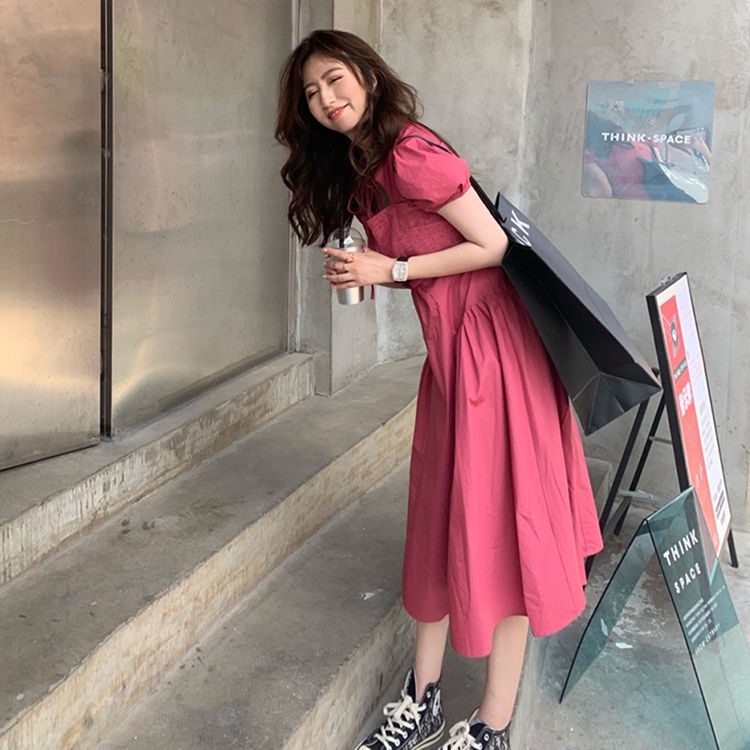 Đầm Dài Qua Gối Thắt Nơ Phong Cách Retro Màu Cà Phê Nhẹ Nhàng Mùa Hè Cho Nữ