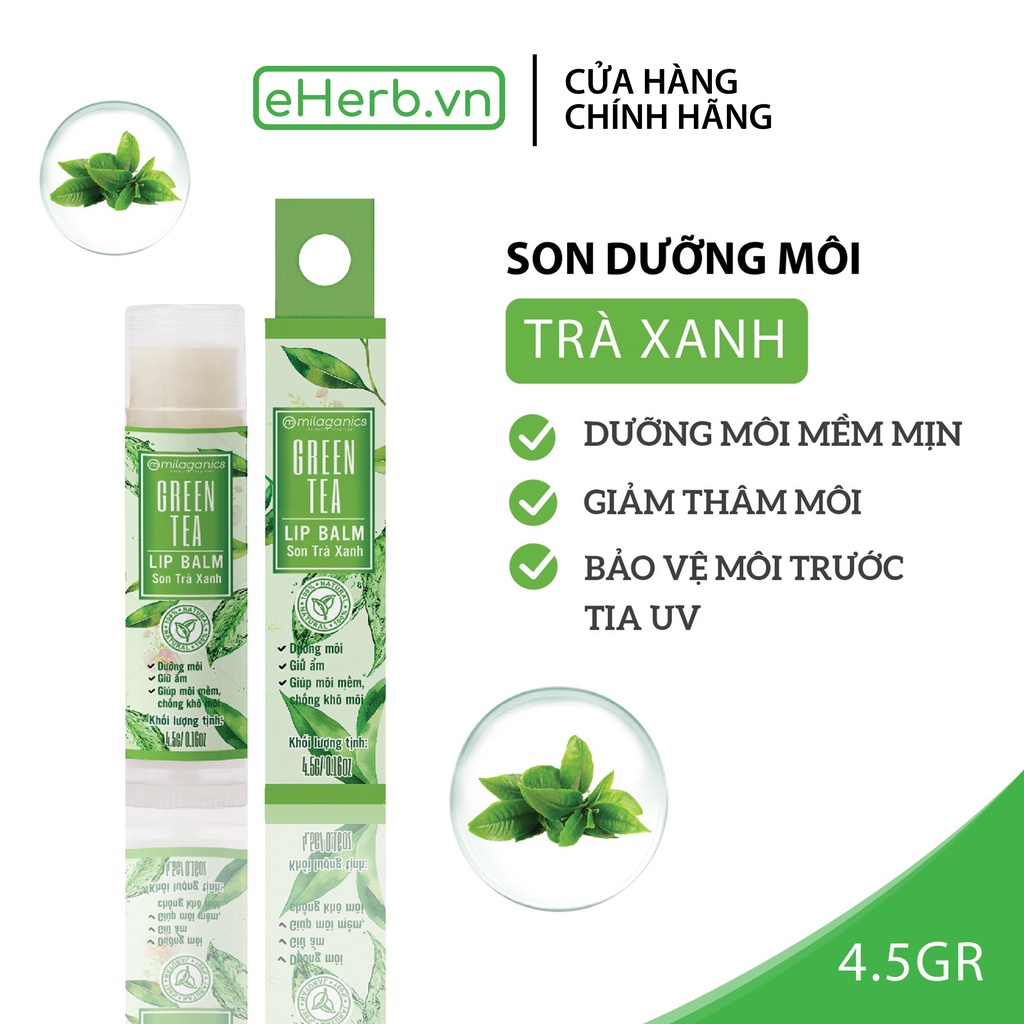 Son dưỡng giảm thâm môi trà xanh dưỡng ẩm, làm mềm môi, không nhờn rít MILAGANICS 4.5g (cây)