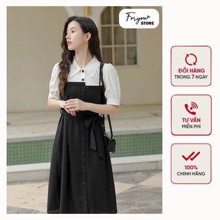 Váy công sở FORYOU đầm xòe nữ đen mix cổ trắng đai eo sang trọng - Miki Dress