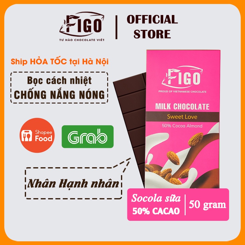 [Chính hãng] Socola sữa 50% Cacao nhân Hạnh nhân hiệu ChocolateFigo | Milk Chocolate Almond Thanh 50gr ĂN LÀ NGHỀN