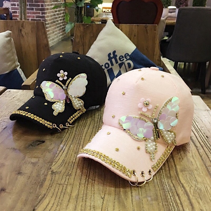 Nón đính đá hoạ tiết bướm kim sa cho nữ