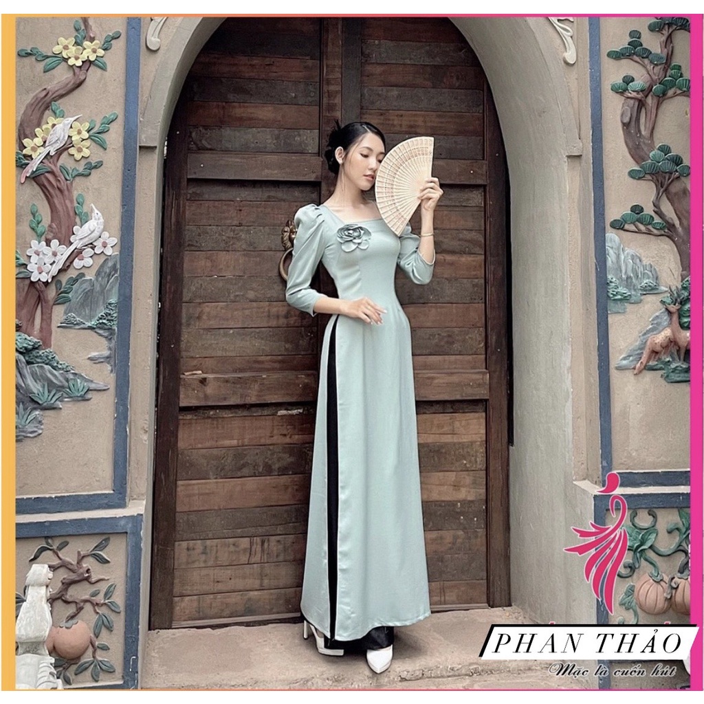 Áo dài XANH MIN thiết kế cổ vuông, tay bồng lỡ, chất vải lụa tây thi mềm mịn 2 tà