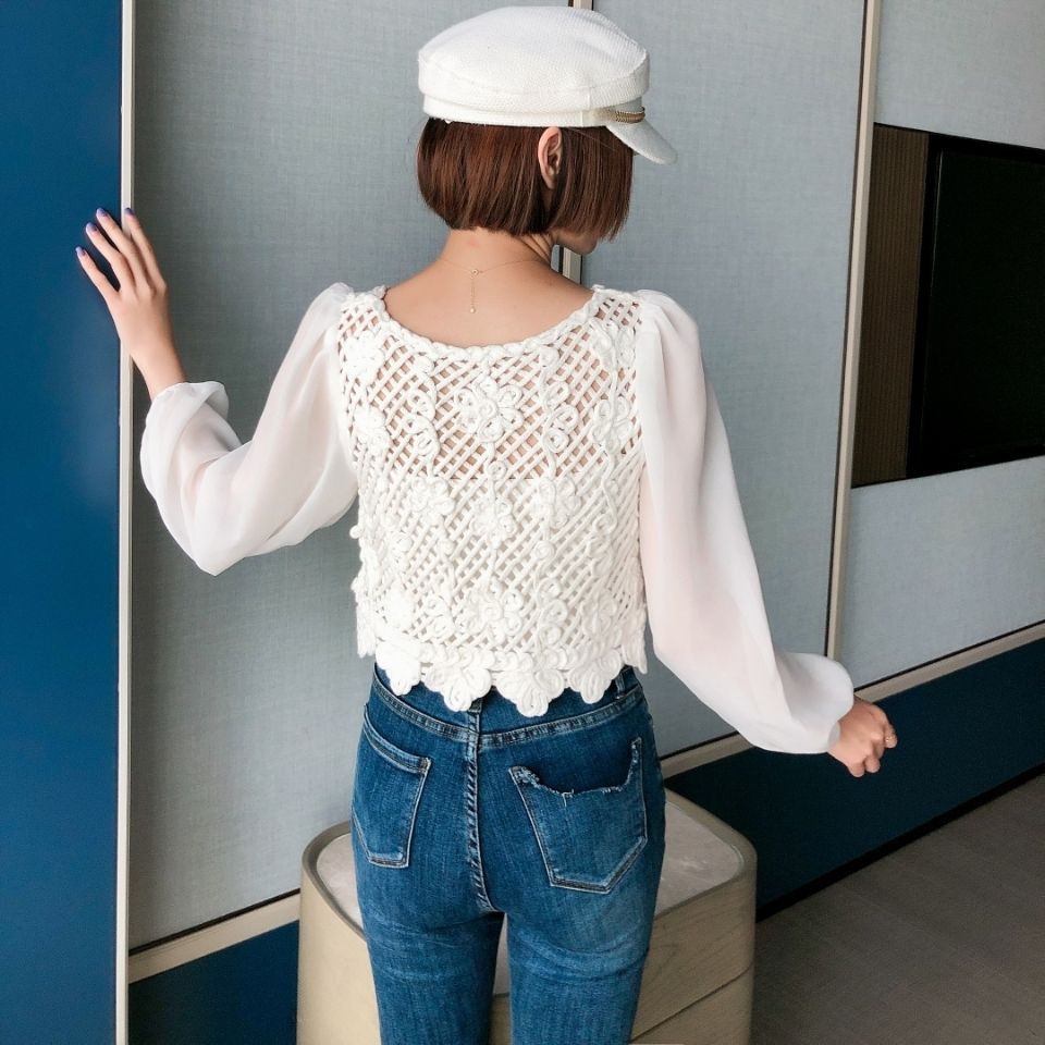 Spot sale2021 autumn white shirt female design sense niche new French style hollow stitching short long-sleeved top