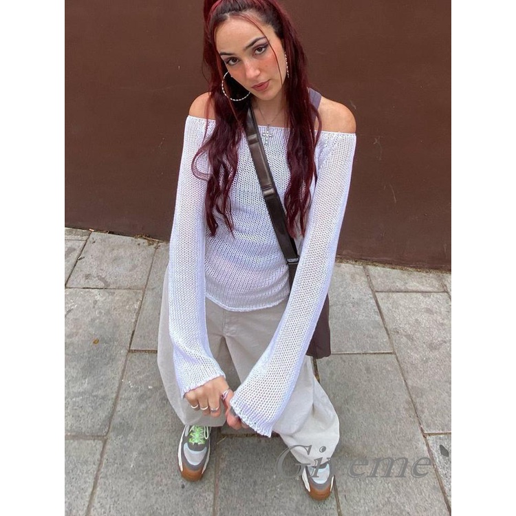 Áo Thun Dệt Kim Tay Dài Màu Sắc Xuyên Thấu Trễ Vai Thời Trang Dành Cho Nữ