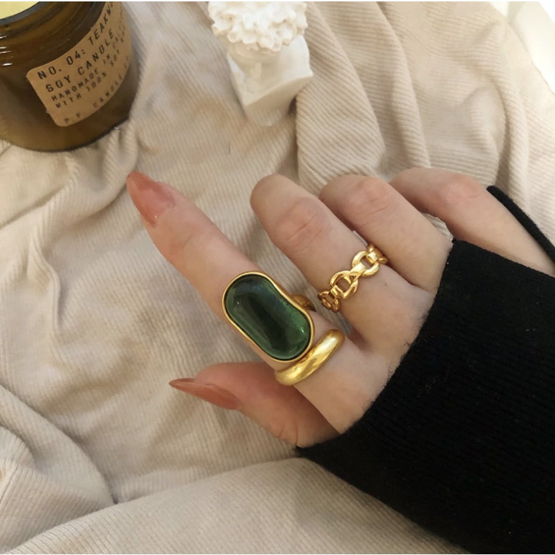Nhẫn nữ hở tuỳ chỉnh size mặt đá xanh lá và nhẫn vàng may mắn phong cách Hàn Quốc cá tính Boho Greenie
