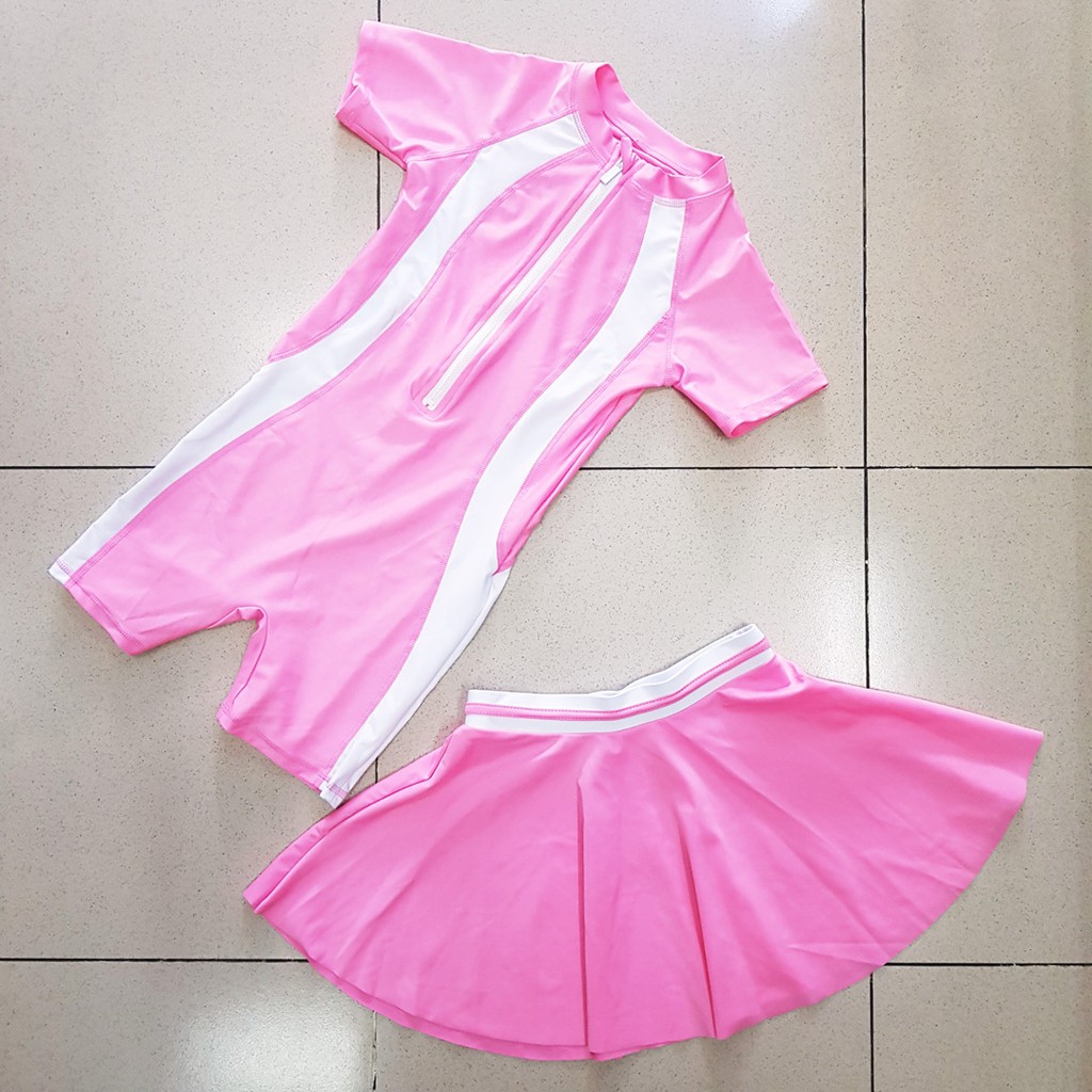 Bộ đồ bơi liền thân kèm váy bơi màu hồng thể thao bé gái