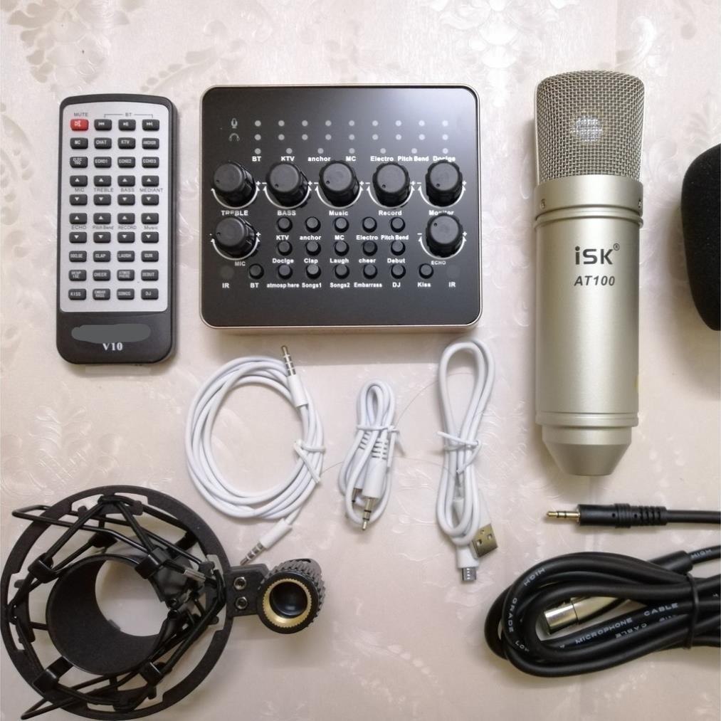 Combo livestream thu âm Mic ISK AT 100 Sound card V10 Bluetooth Auotune Đời Mới
