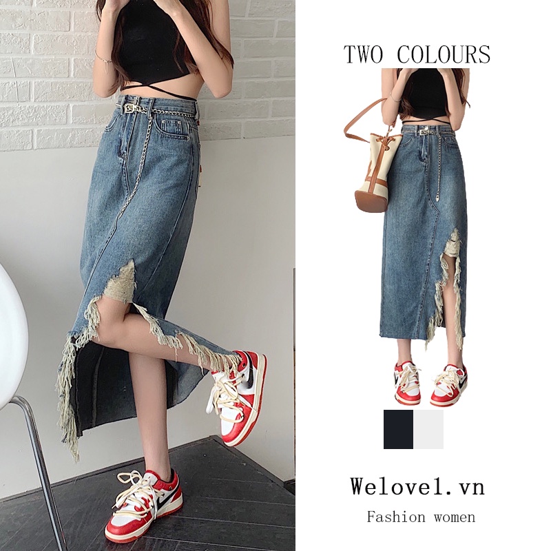 Chân váy jean dáng chữ A lưng cao phong cách Hồng Kông retro thời trang hè cho nữ