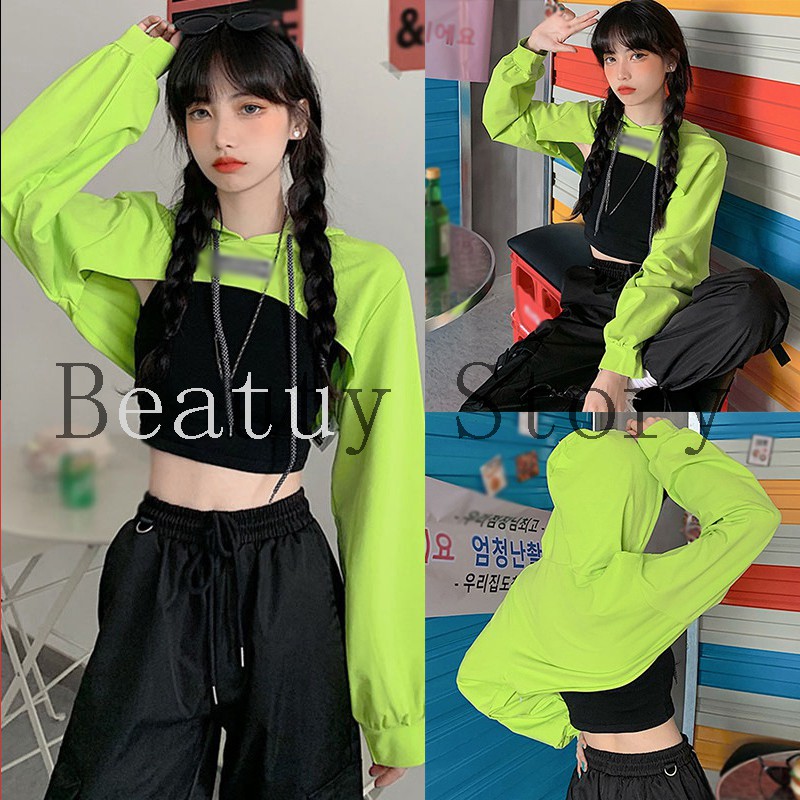 HÀN QUỐC Áo Hoodie Siêu Ngắn Nữ Crop Top Hip-hop Dài Tay Áo