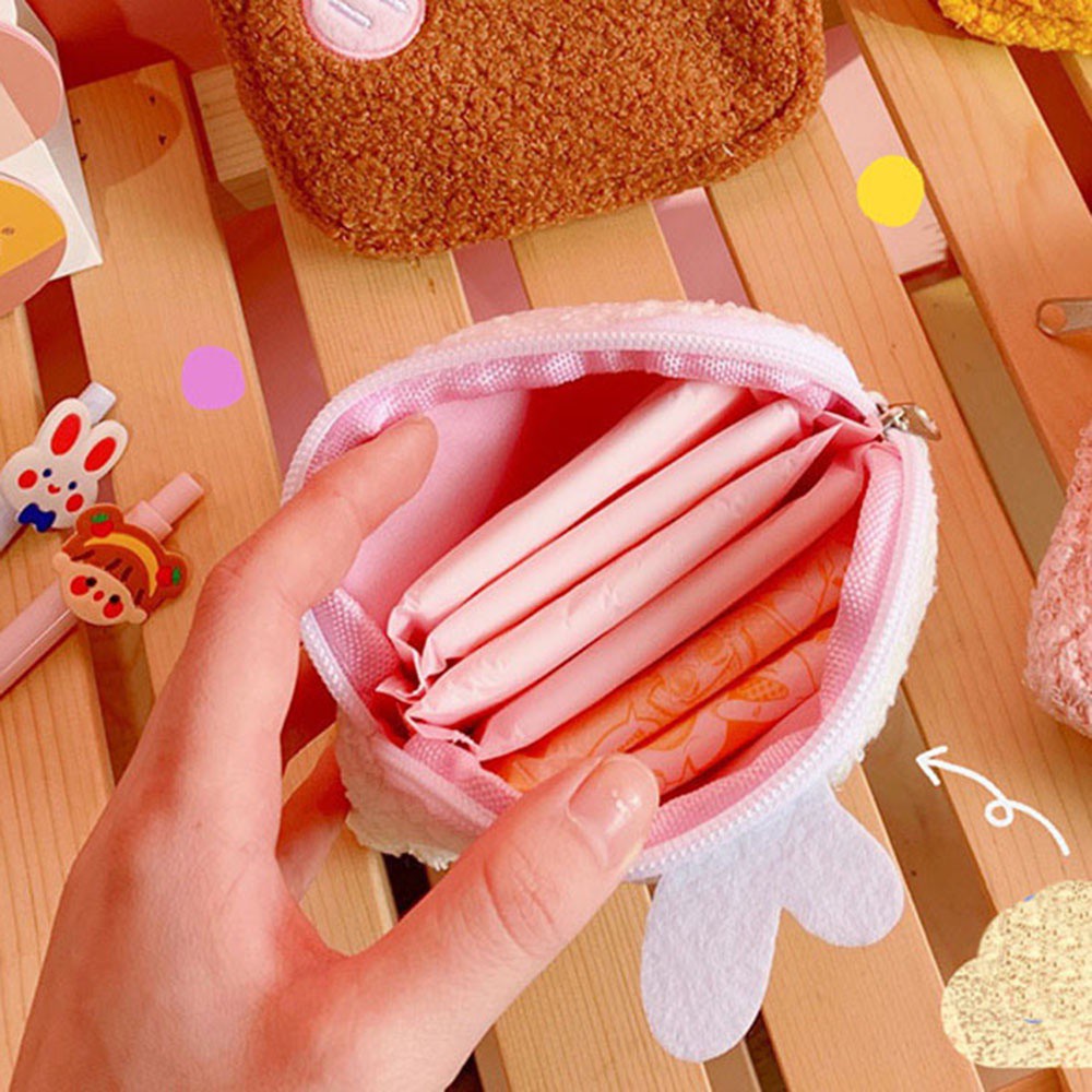 Túi nhỏ chất liệu lông nhung chứa tai nghe/mỹ phẩm/cáp USB/đồ cá nhân cho bạn gái chủ đề hoạt hình độc đáo