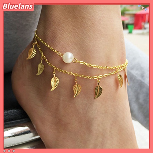 Lắc chân 2 vòng đính lá và ngọc trai nhân tạo sang trọng quý phái dành cho nữ