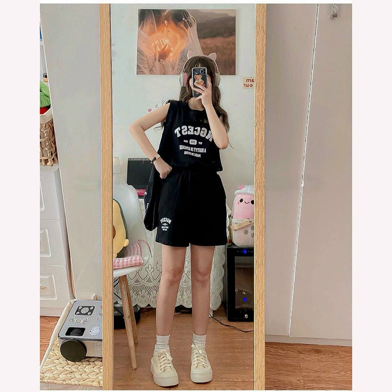 Set Đồ Độ Bộ Mặc Nhà Nữ Chữ NGCEST -  Đồ Ngủ- Áo Thun Unisex Cotton 3 lỗ Tank Top Phối Quần Short Đùi
