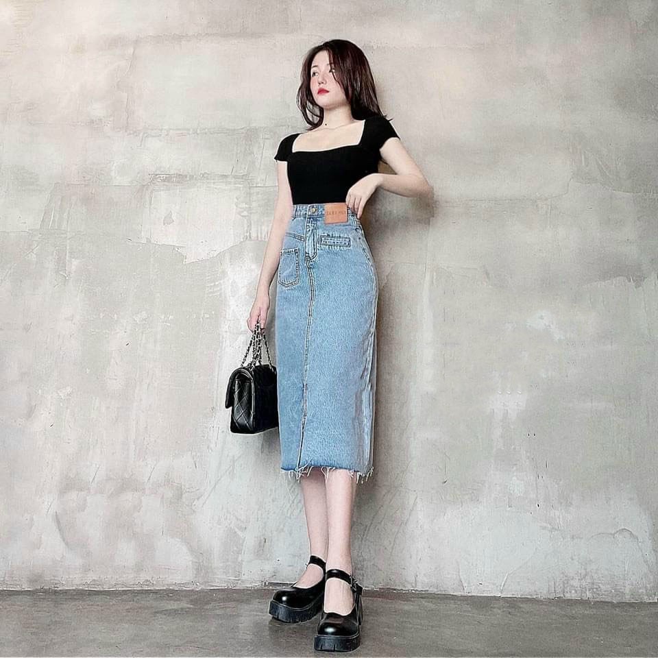 Chân Váy Jean Dài Xẻ Tà Phối TÚI LỆCH Chất Bò Màu Xanh Nhạt 527 | BigBuy360 - bigbuy360.vn