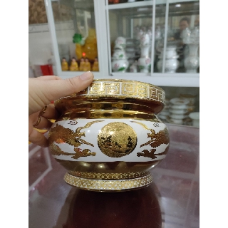 Lư hương trắng rồng vàng 3D cao cấp ngang 10cm