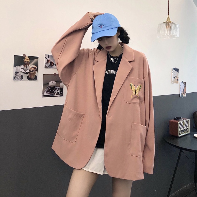 Áo blazer dài tay túi thêu màu hồng HAK12 Hỉn Hỉn Store