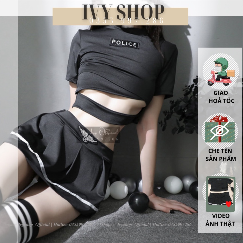 Cosplay Cảnh Sát Sexy - Đồng Phục Tiếp Viên Bộ Đồ Ngủ Cosplay Police Đen - Ivyshop
