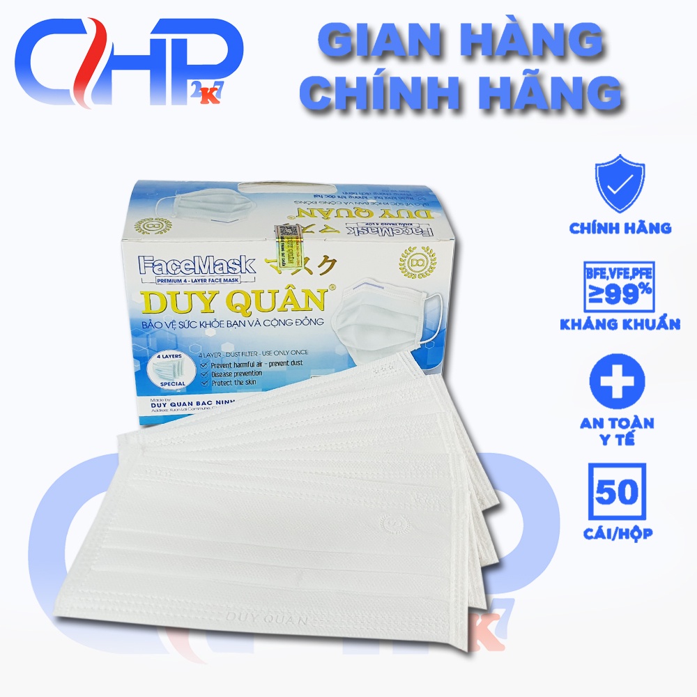 (Sỉ ) Hộp khẩu trang y tế màu trắng 4 lớp kháng khuẩn Duy Quân 50 cái chuẩn